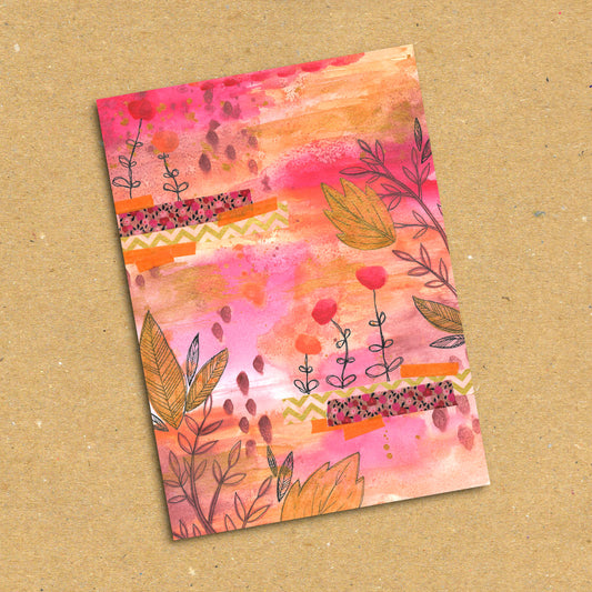 Pink Autumnal Abstract Watercolour Postcard x5 Pack